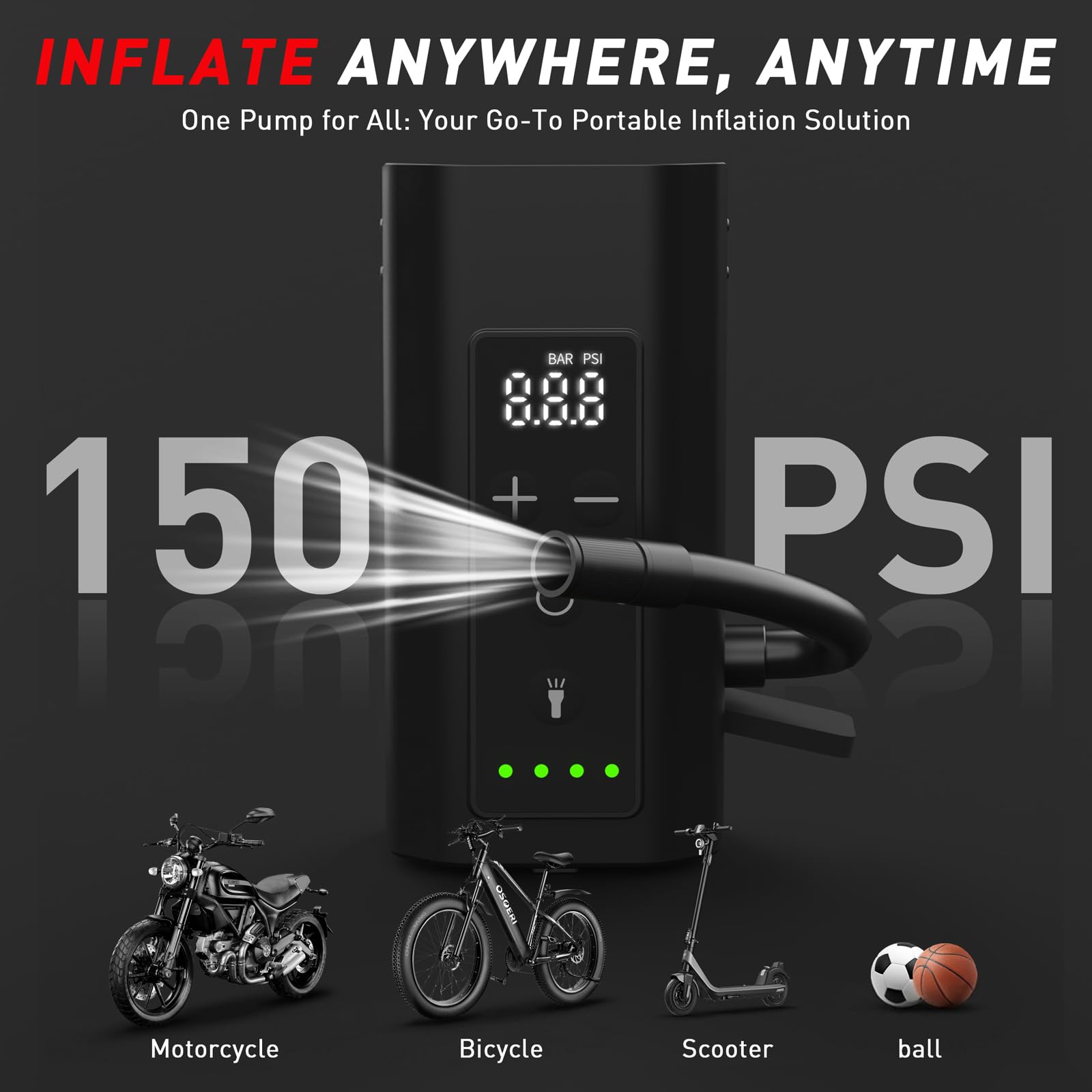 150 PSI Mini Electric Bike Pump with Digital Gauge & LED Light
