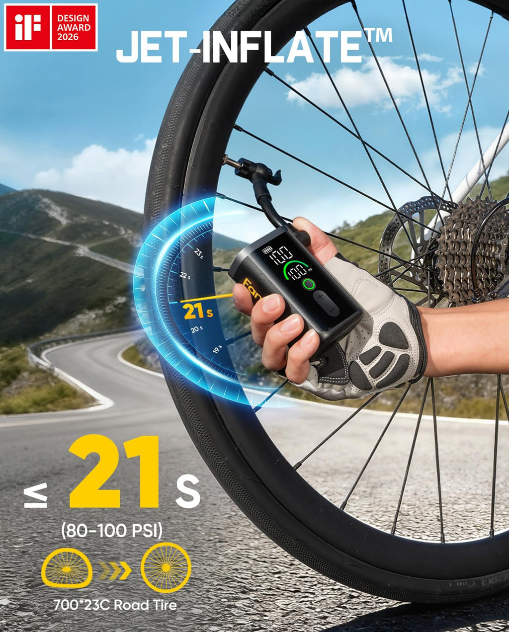 Fanttik X11 Ace Mini Electric Bike Pump, 150PSI, 21s Fast Inflate, iF Award