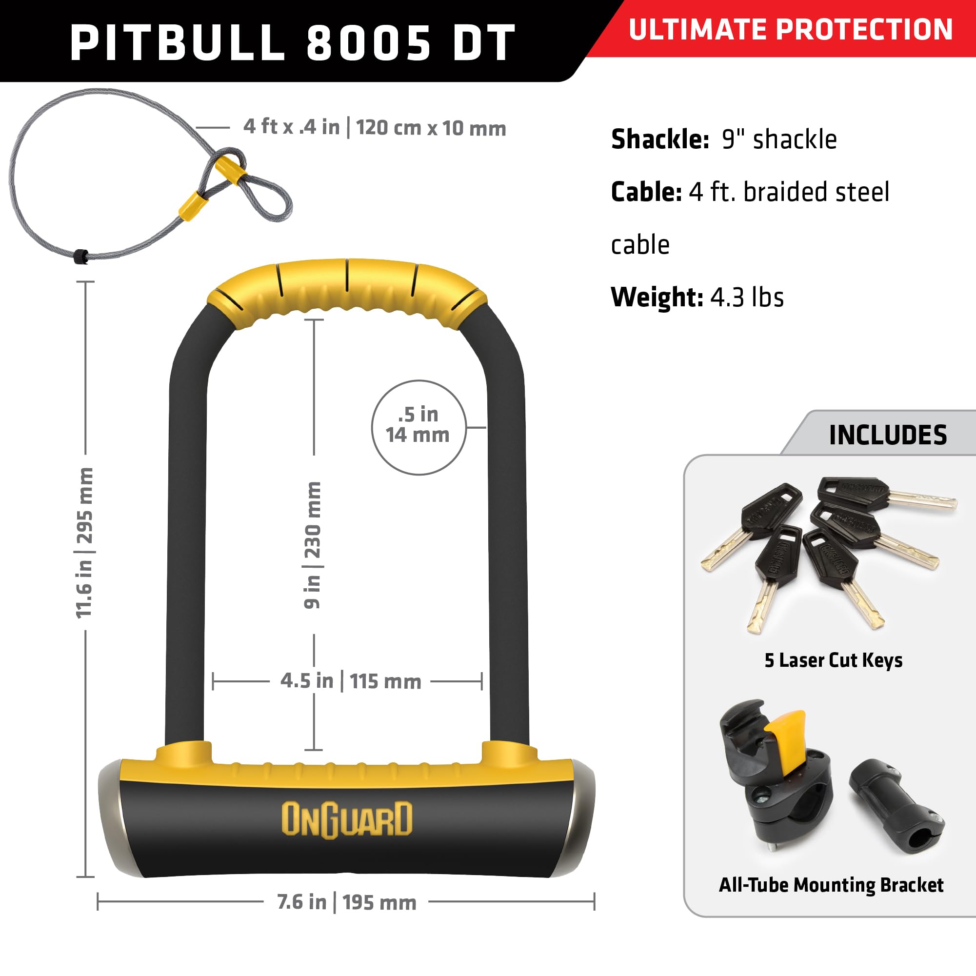 Heavy-Duty Steel Bike U-Lock with Cable & Mounting Bracket