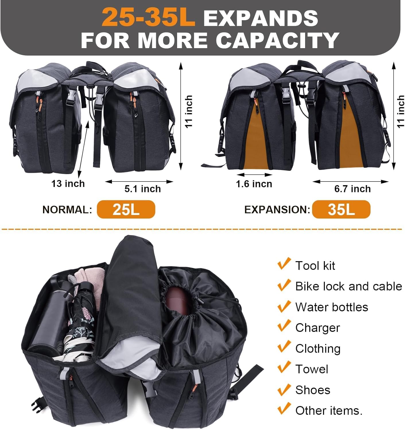 30L Waterproof Expandable Bike Panniers with Reflective Trim