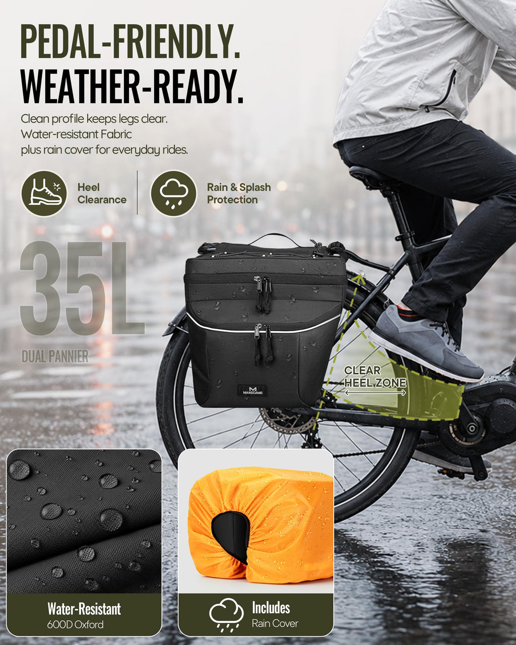 Marscamd Bike Panniers with Rain Cover, 35L Rear Rack Bike Bag