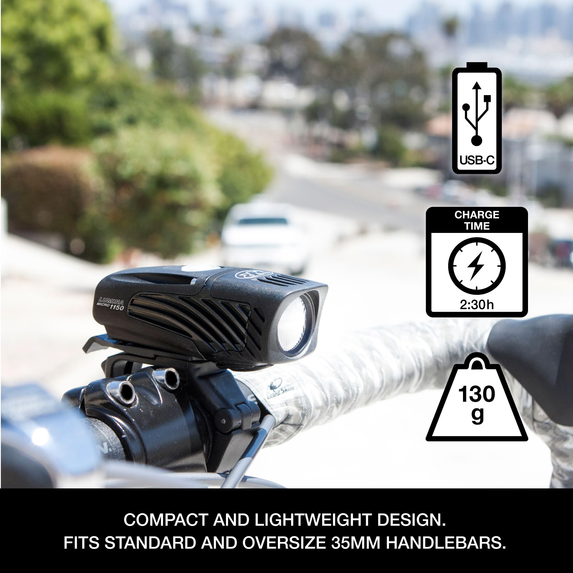 1150-Lumen USB-C Rechargeable Front Bike Light with 5 Modes